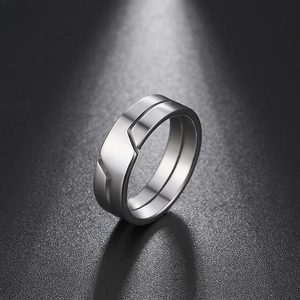 Close-up of silver stainless steel ring with geometric stepped grooves and polished finish