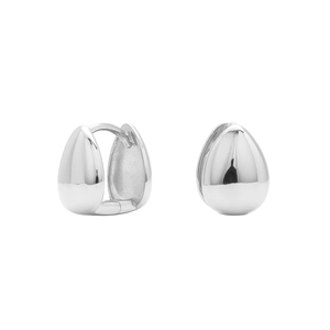 Detail view of silver water drop earrings showing open and closed mechanism on white base