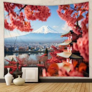 Detail of Mount Fuji tapestry featuring cherry blossoms and pagoda in home interior