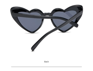 Rear view of heart-shaped sunglasses showing black frame details and folding hinges