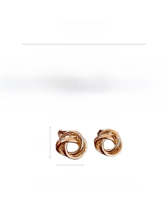 Detailed view of rose gold knot earrings with precise size dimensions and copper material