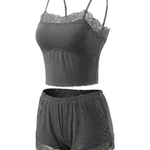 Lace-trim seamless wireless lingerie set for women in dark grey with soft camisole and shorts