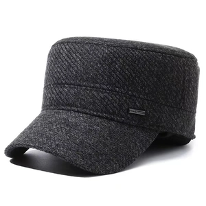 Casquette Cadet Hiver Homme Laine Chaude Épaisse Chapeau Militaire Plat Avec Cache-oreilles Pliables Réglable Froid