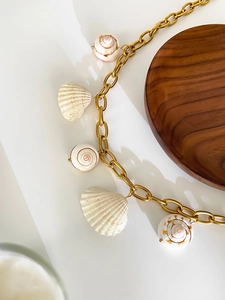 Detailed shot of golden metal chain with natural seashells on a wooden tray