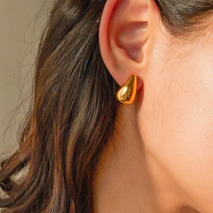 Minimalist 18k gold water drop earrings shown on model for elegant daily style