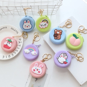 Colorful macaron-style silicone coin purses with cute cartoon patches and gold keyrings
