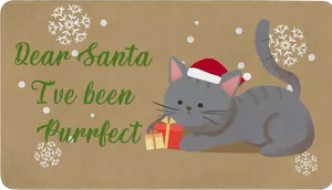 Close-up of Christmas cat doormat texture with Dear Santa text and festive gift boxes
