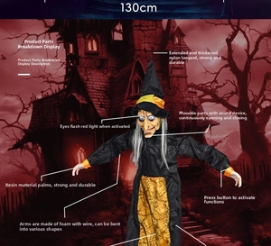 Detail of 130cm hanging Halloween witch with glowing red eyes and bendable arms