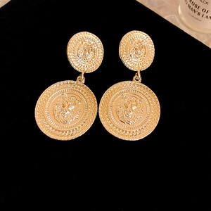 Detailed close-up of vintage gold lion head relief earrings on luxury black velvet