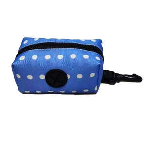 Blue polka dot pet waste bag dispenser with polyester canvas and hanging hook