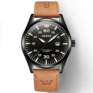 Classic men's quartz watch with black steel case, brown leather strap and date display