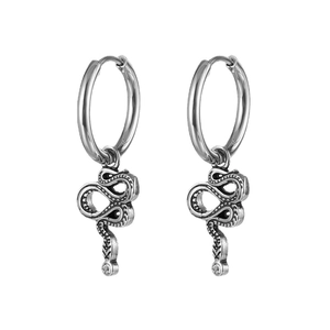 Silver hoop earrings with detailed snake pendants and small clear zircon stone accents