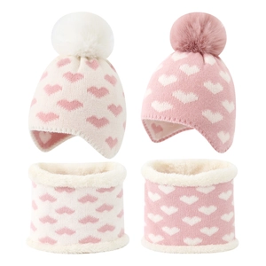 Bonnet Et Écharpe Tricotés Pour Bébé Acrylique Jacquard Cœur Doublé Polaire Hiver Chaud Pompon Cache-oreilles
