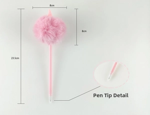 Détails de la pointe du stylo licorne en peluche rose avec pompon décoratif de 8 cm