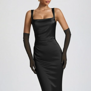 Detail of slim black satin dress with ruched sides and sheer mesh gloves