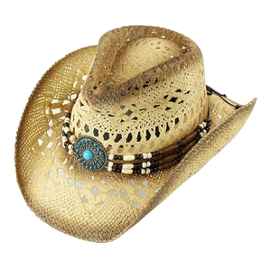 Hollow out woven straw cowboy hat with turquoise bead band and sun protection wide brim