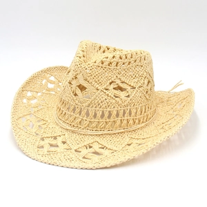Handmade crochet straw cowboy hat with breathable hollow out diamond patterns in beige