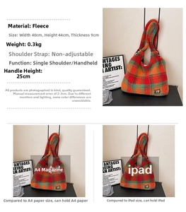 Detail view of large red and green plaid plush tote bag showing capacity for A4 and iPad