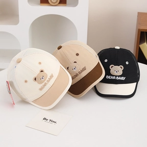 Kids breathable mesh baseball caps featuring cute cartoon bear embroidery in three colors