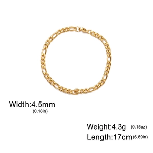 Detail view of gold-plated Figaro chain bracelet with width and length specifications