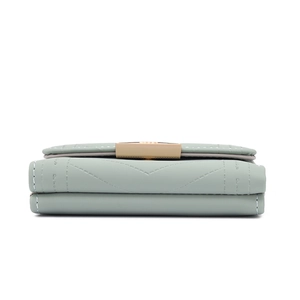 Side view detail of bluish-gray PU leather wallet showing multi-layer fold structure