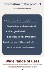 Detailed specs for PET egg yolk pastry box in gold and black for 63-80g mooncakes