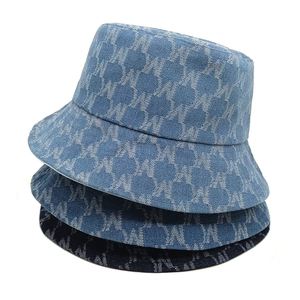 Washed Denim Bucket Hat Monogram Letter Print Retro Vintage Cotton Sun Hat For Women Outdoor Streetwear Foldable