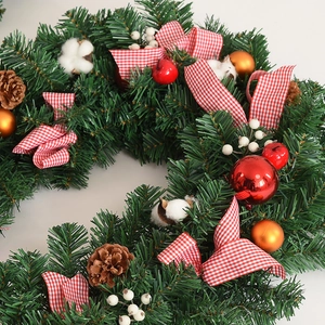 2.7m Christmas garland with red bows, pine cones, and cotton balls for holiday decor