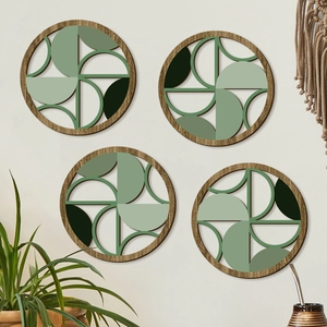 Set di 4 pannelli decorativi circolari in legno geometrico con tonalità verdi