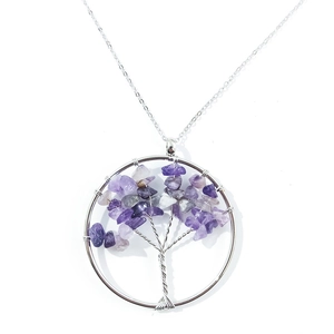 Handmade silver Tree of Life necklace with natural purple and white crystal stone pendant