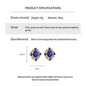Detailed size chart showing blue vintage oval earrings with dimensions 3.5cm by 3cm