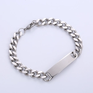 Polished 8mm stainless steel curb chain bracelet with engravable rectangular bar plate