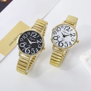 Gold quartz watch set with large numeral dials and flexible stretch metal bands for seniors