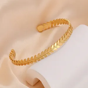 Women Open Cuff Bracelet 18K Gold Plated Stainless Steel Elegant Leaf Wheat Ear Textured Fashion Bangle Jewelry