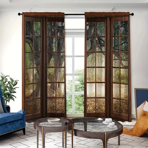 Detailed 3D landscape print showing vintage wood window frame and autumn forest scenery