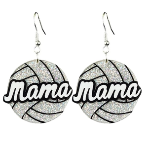 Detail of glitter volleyball earrings featuring cursive Mama text for Mother's Day
