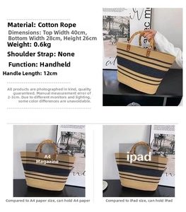 Detailed dimensions of handwoven cotton tote bag with bamboo handles and size comparison
