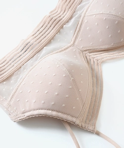Detail of nude lace bralette featuring delicate polka dot mesh and wire-free design