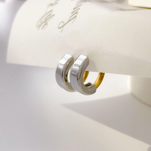 Close-up of dual-tone silver and gold plated titanium steel hoop earrings on white card
