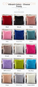 Detailed grid showing fifteen colorful square faux fur pillow covers in soft plush material