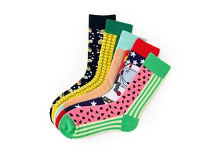 Detailed flat lay of five novelty cotton crew socks featuring beer and astronaut patterns