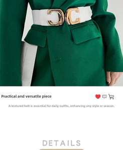 Detail of white elastic waist belt with gold C-shape metal buckle on green suit