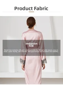 Detail of pink faux silk robe with exquisite grey lace stitching on sleeve cuffs