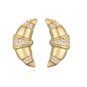 Fashionable gold croissant stud earrings with pave-set sparkling white cubic zirconia