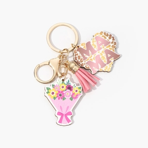 Wooden MOM keychain with leopard print charm, pink flower bouquet and fringe tassel pendant
