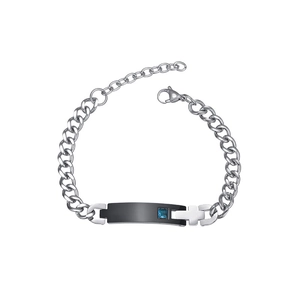 Bracelet de couple en acier titane avec plaque noire, zircon bleu et détail de croix