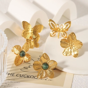 18K gold plated stainless steel butterfly and turquoise flower open ring set for women