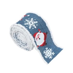 Blue linen Christmas ribbon with plush edges featuring Santa Claus and snowflakes