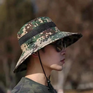 Tactical camouflage bucket hat with breathable mesh and adjustable windproof chin strap