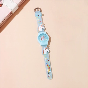 Detail of light blue kids watch with 3D unicorn silicone strap and analog dial
